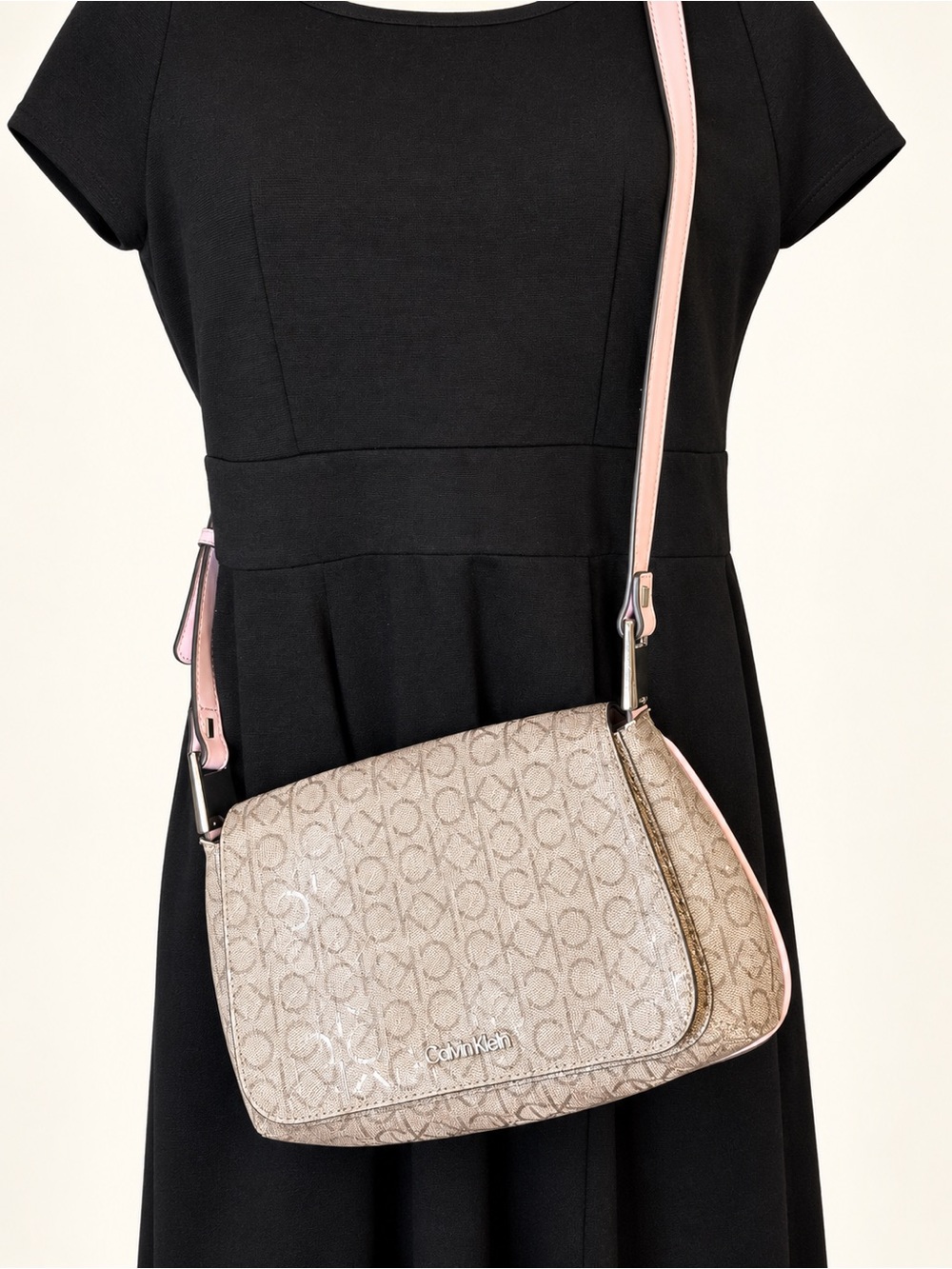 Calvin Klein Beige Logo Crossbody with Pink Trim
